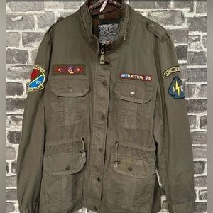 Vintage Affliction Black Premium Label Army Green Jacket XL Patches Embroidery